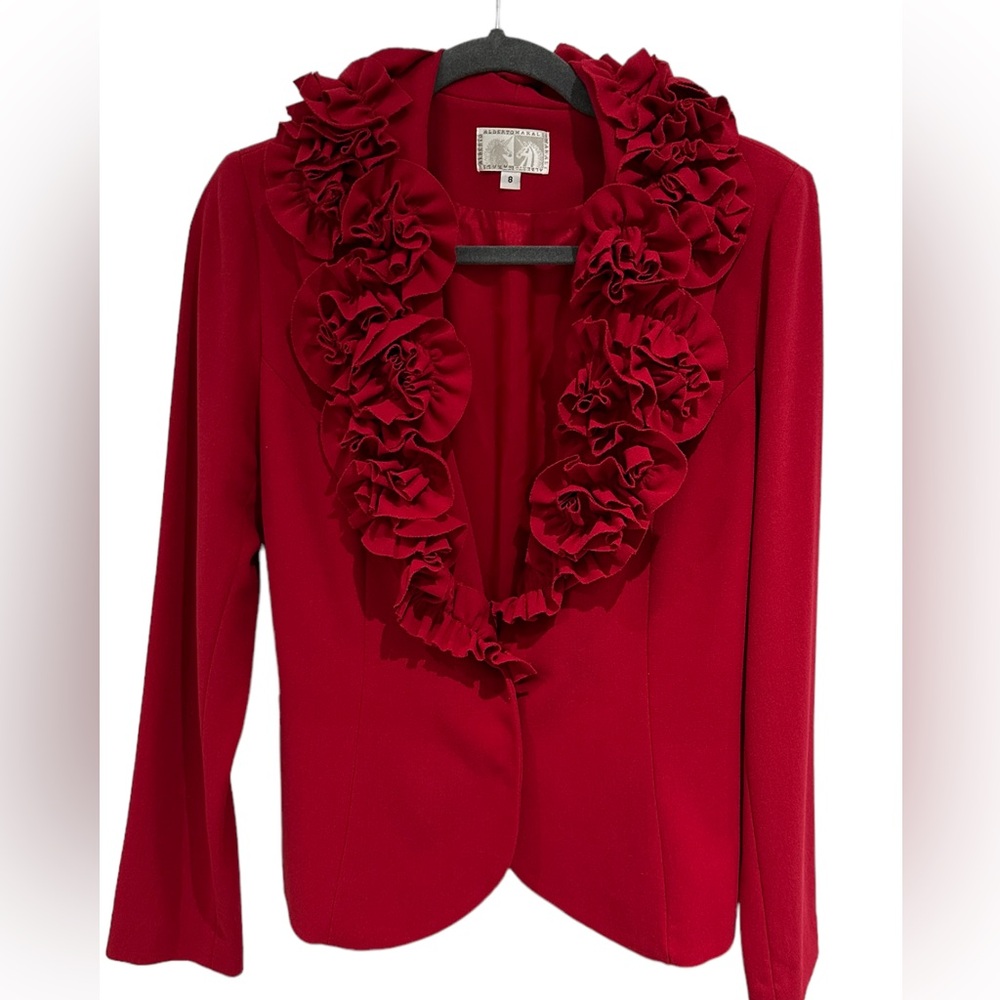 Alberto Makali Red Ruffled Collar Blazer